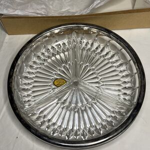 Vtg Leonard Crystal Silver Plated Rim 3 Part Divided Relish Dish 8.75" w/ Box